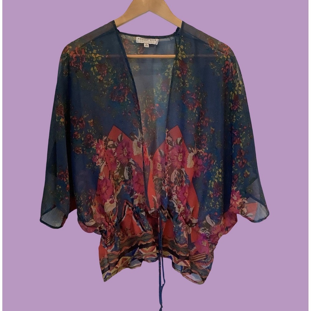 August Silk Flutter Top Floral Print Sheer Kimono Blouse Drawstring Boho S